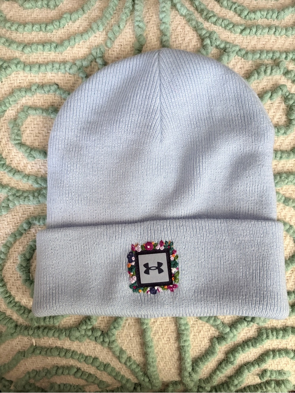 Powder blue Under Armour adult Beanie with hand embroidered Floral Logo Patch